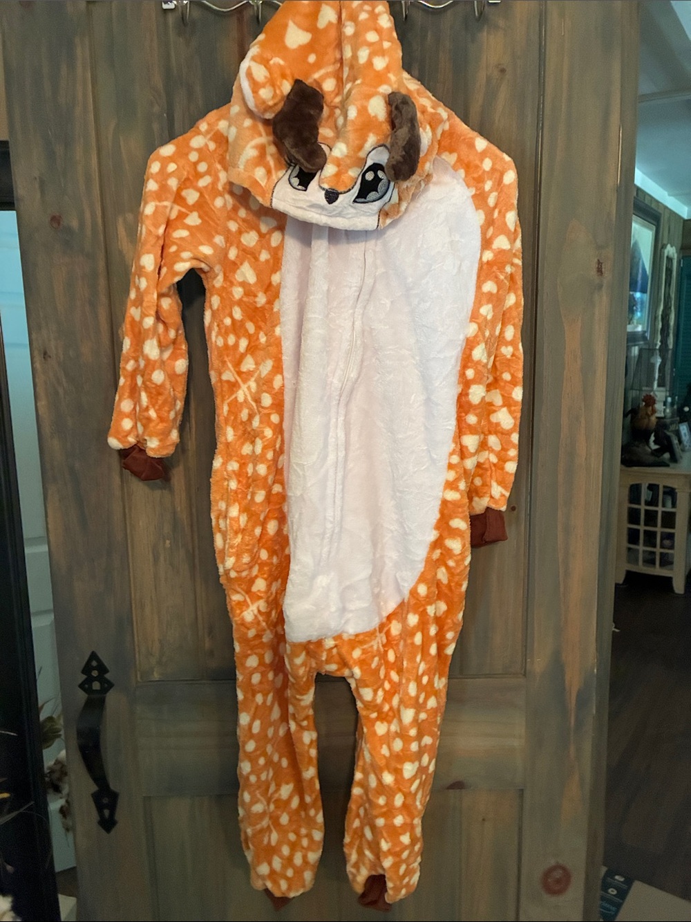 Fawn Onesie Costume - Orange & White Plush Hooded Jumpsuit